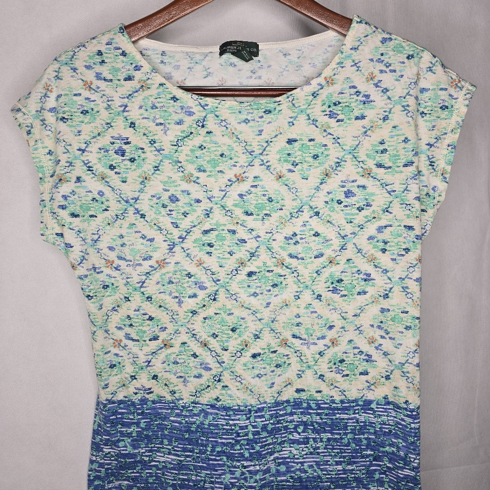 Lauren Jeans Co Geometric Print Tee Blue Green Boat Neck Short Cap Sleeve M